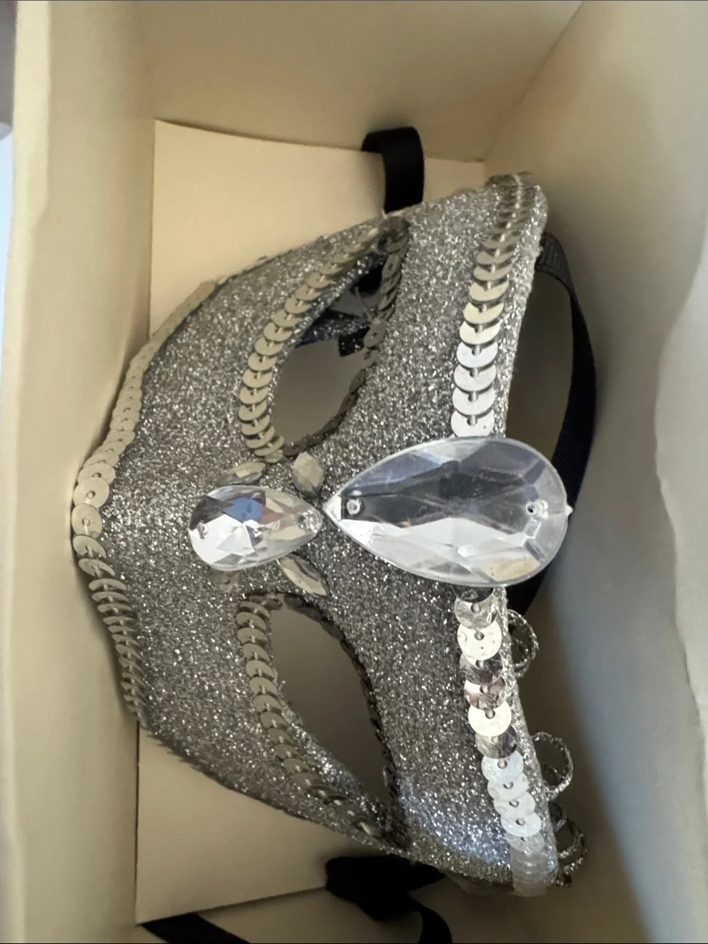 Silver Sequin Jewel-Embellished Women's Mask with Ribbon ties